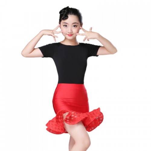 Girls latin dresses black and red white competition gymnastics stage performance salsa rumba chacha dancing costumes 